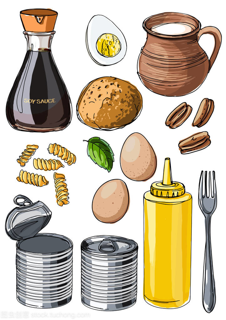 在白色背景下的线条绘制的食物。彩绘食品产品。酱油, 鸡蛋, 牛奶, 面包, 胡桃, 芥末, 面食, 罐装食品, 叉子